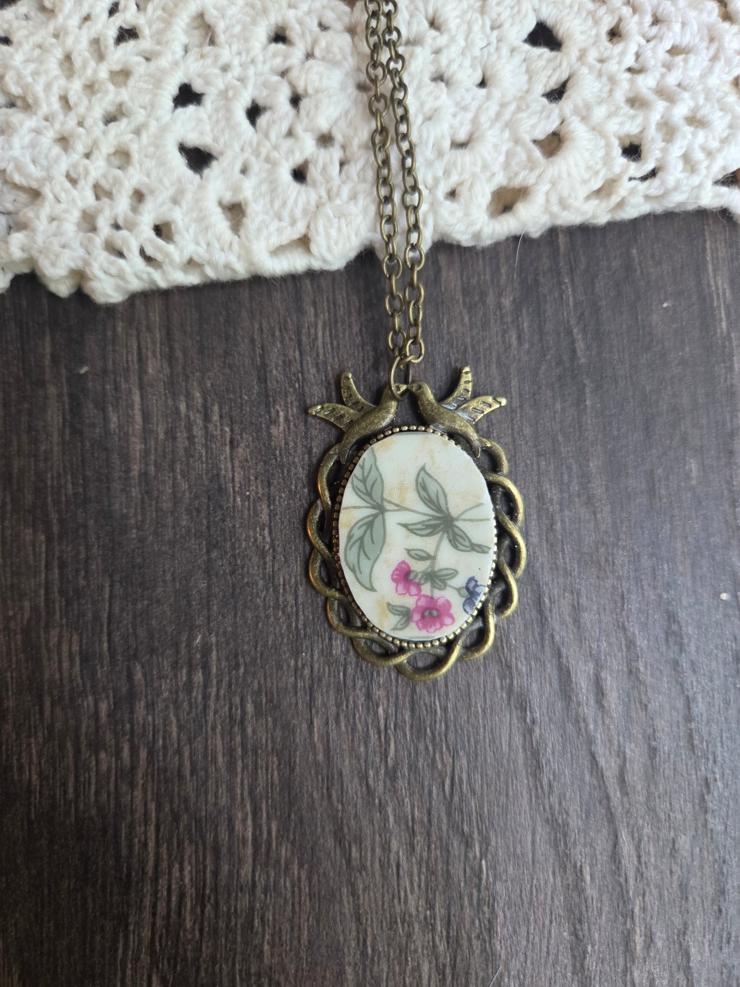 11" Antique Pink and blue flowers style pendants with broken china insert necklace