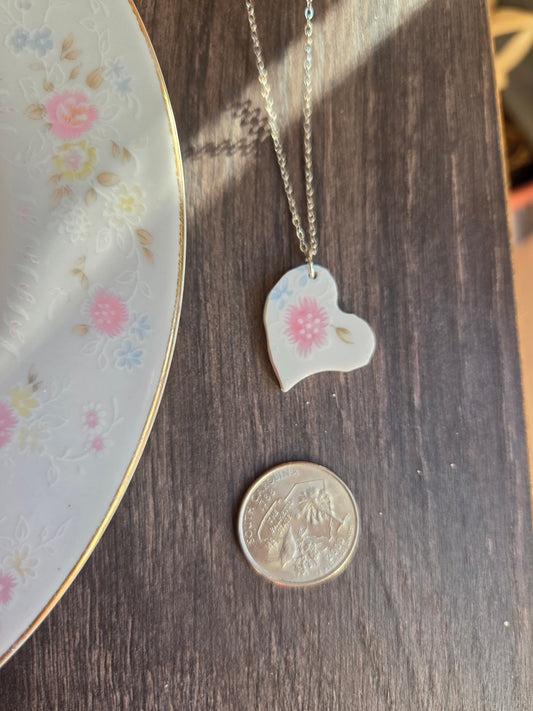 11" side hanging pink heart on silver chain