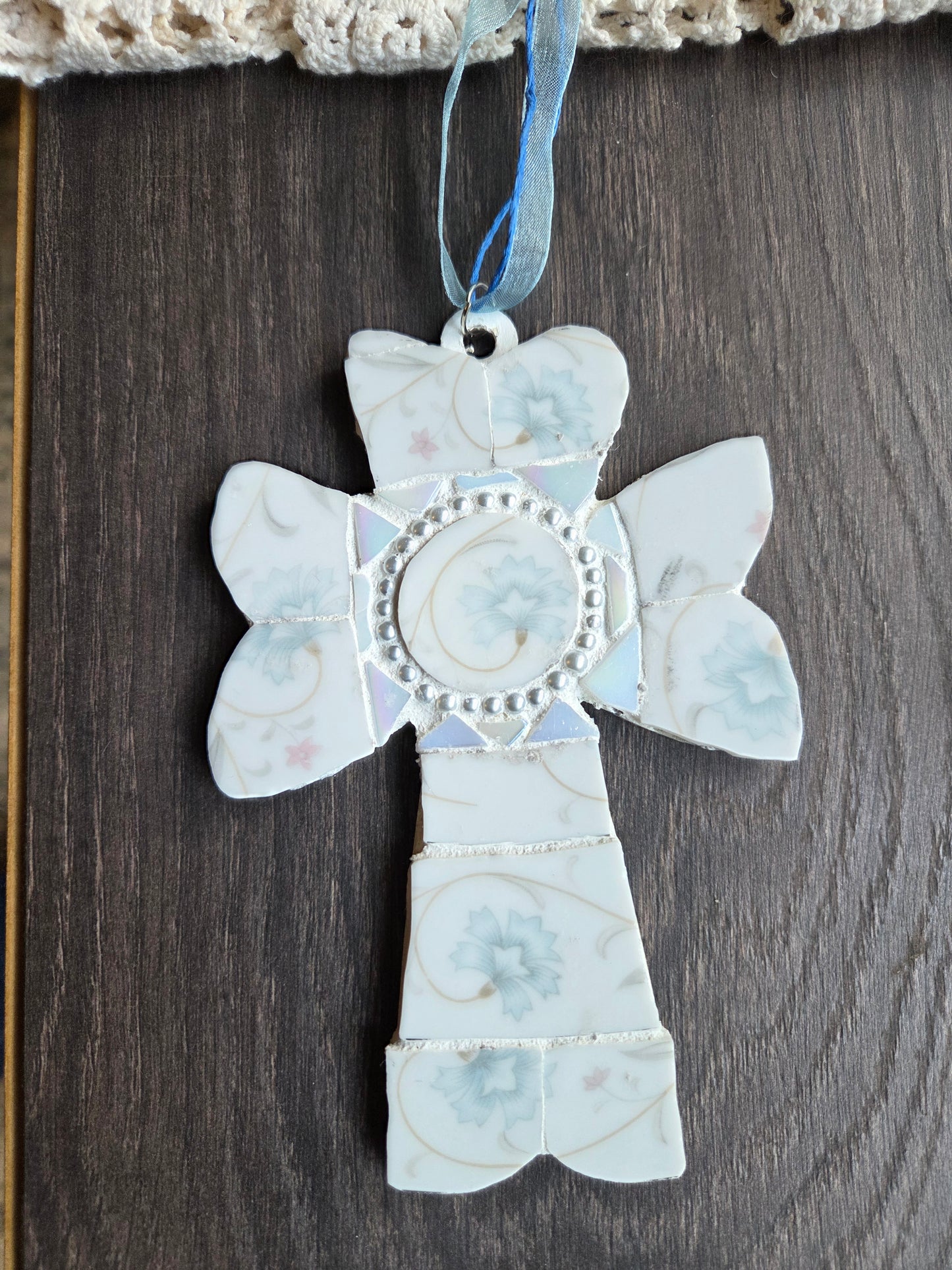 Light blue broken china mosaic cross
