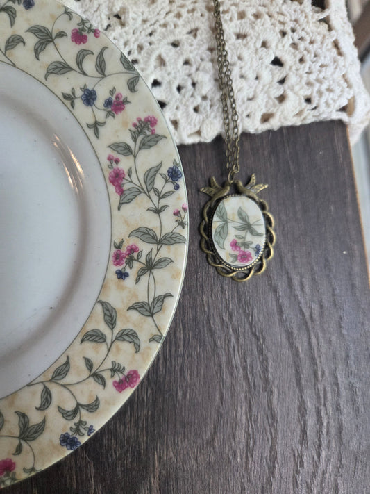 11" Antique Pink and blue flowers style pendants with broken china insert necklace
