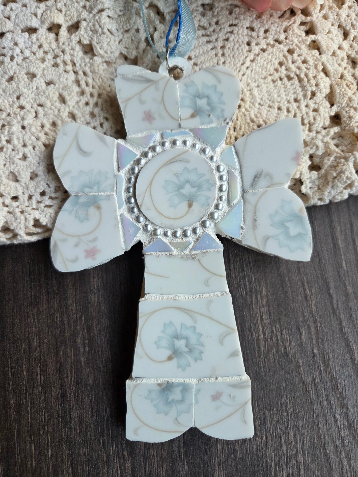Light blue broken china mosaic cross