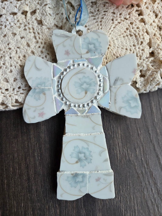 Light blue broken china mosaic cross