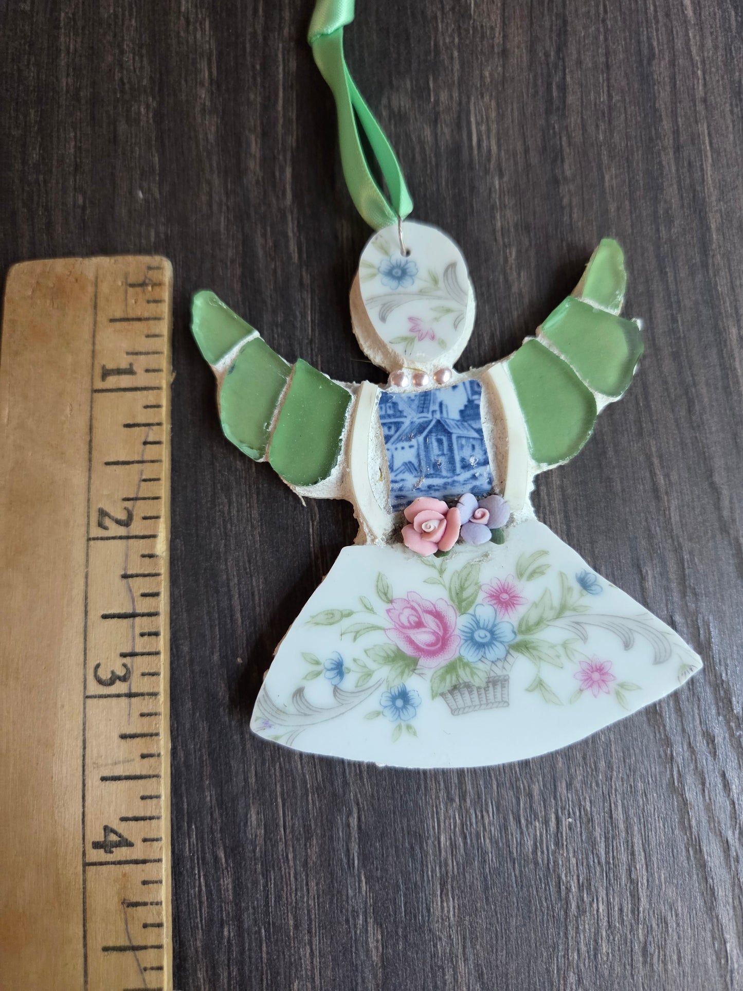 Small green flower basket broken china mosaic angel