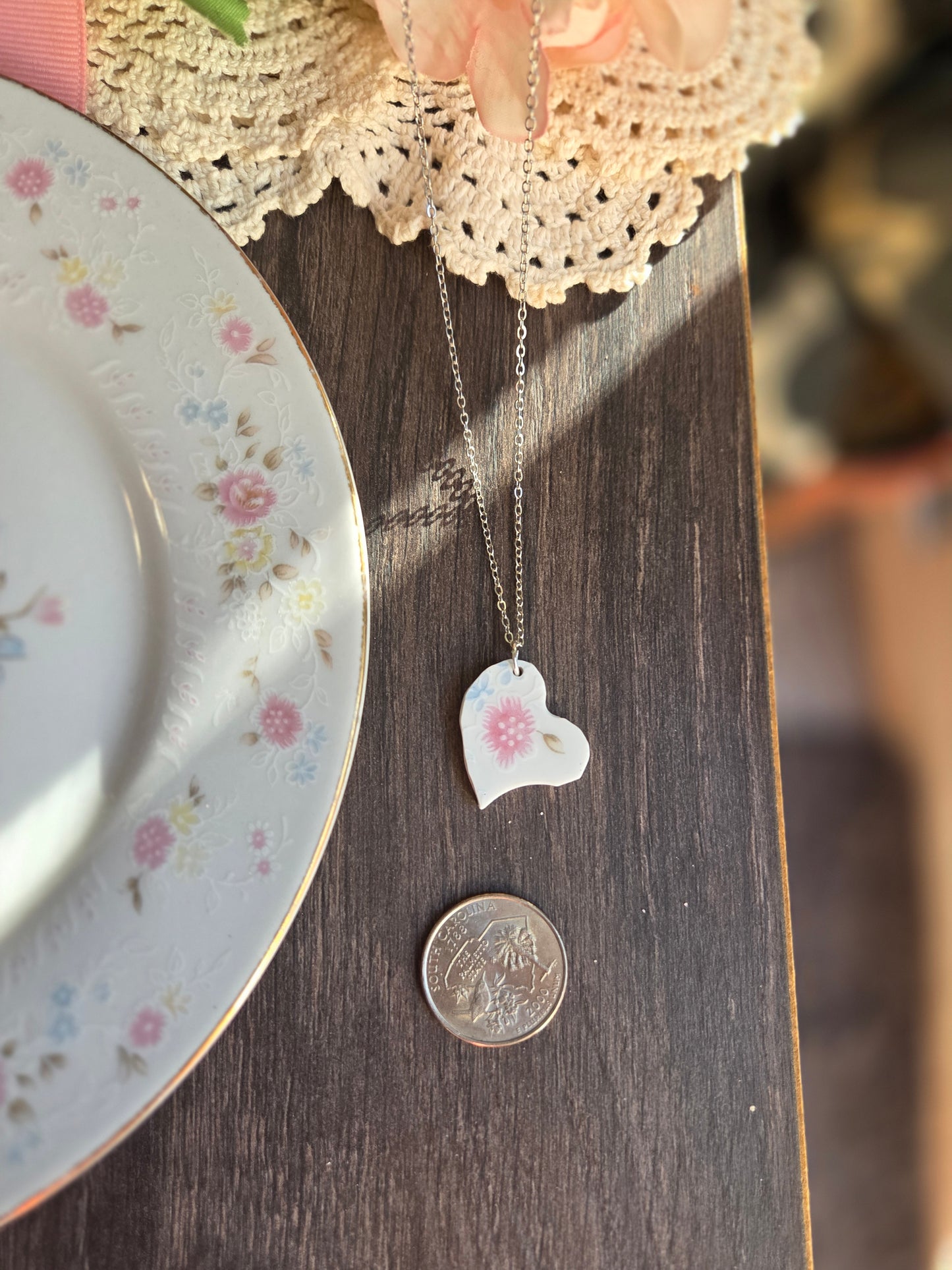 11" side hanging pink heart on silver chain