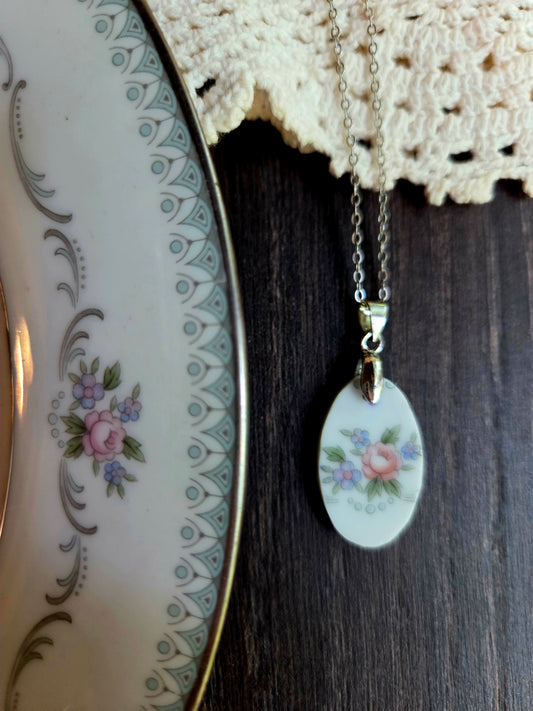 11" Oval pink rose Broken china necklace
