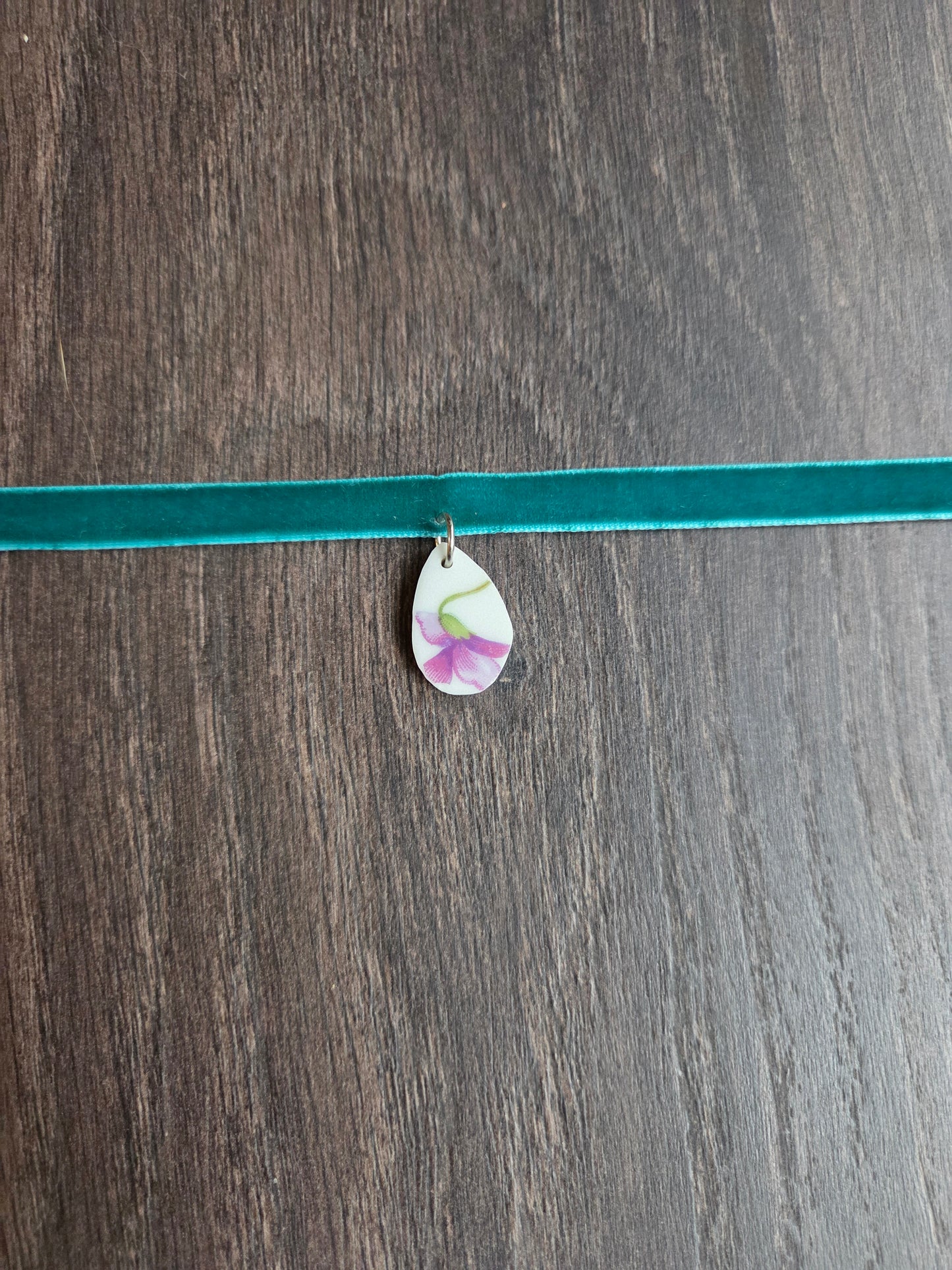 14" green velvet choker with purple flower broken china plate with teardrop shape