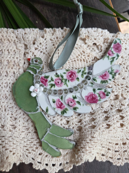 Rose and green Broken china mosaic dove
