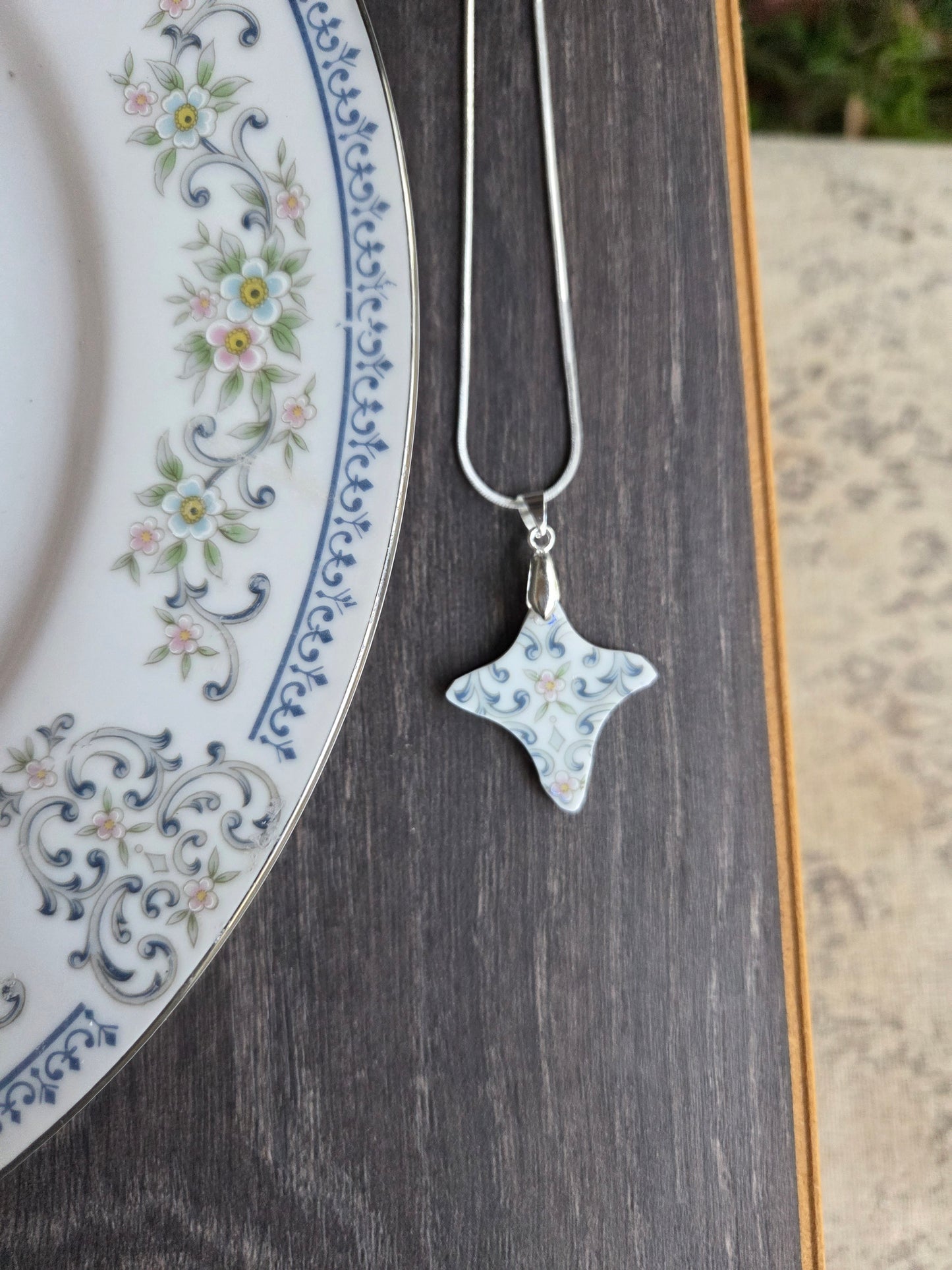 11" Silver Blue flowers broken china Cross necklace