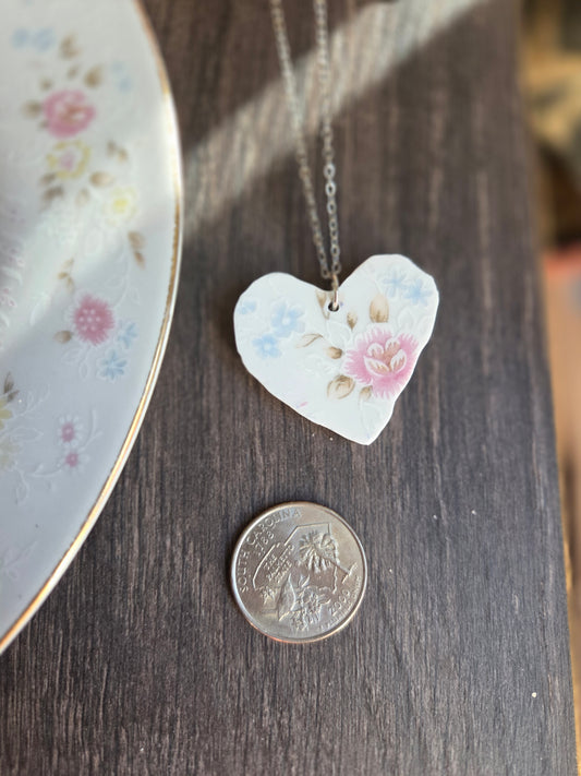 9" Pink flower heart on a silver chain