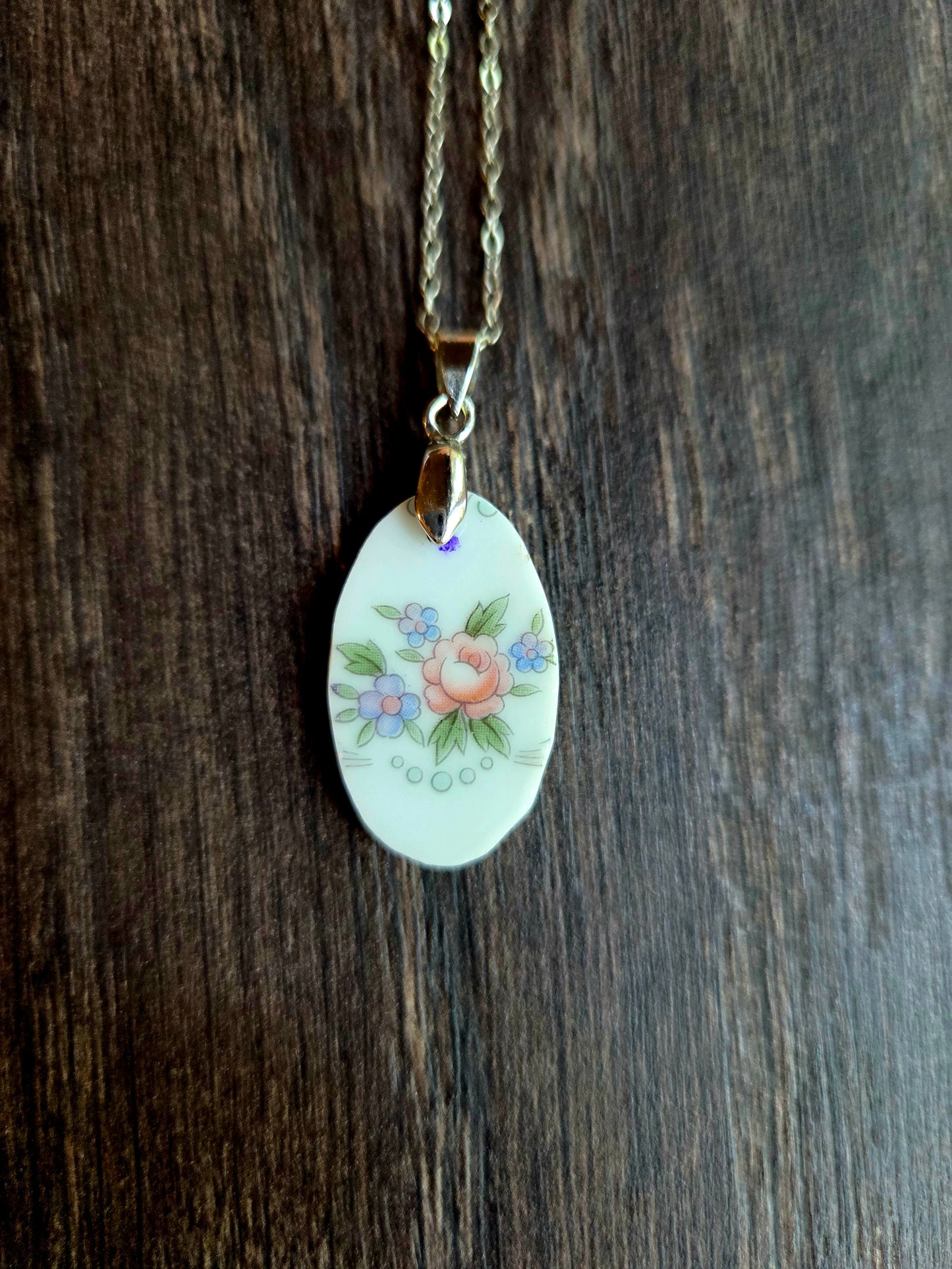 11" Oval pink rose Broken china necklace