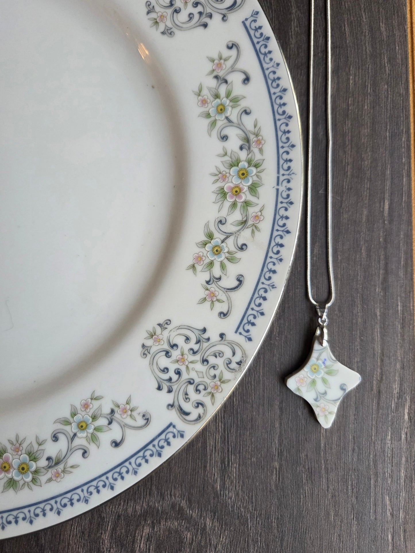 11" Silver Blue flowers broken china cross necklace