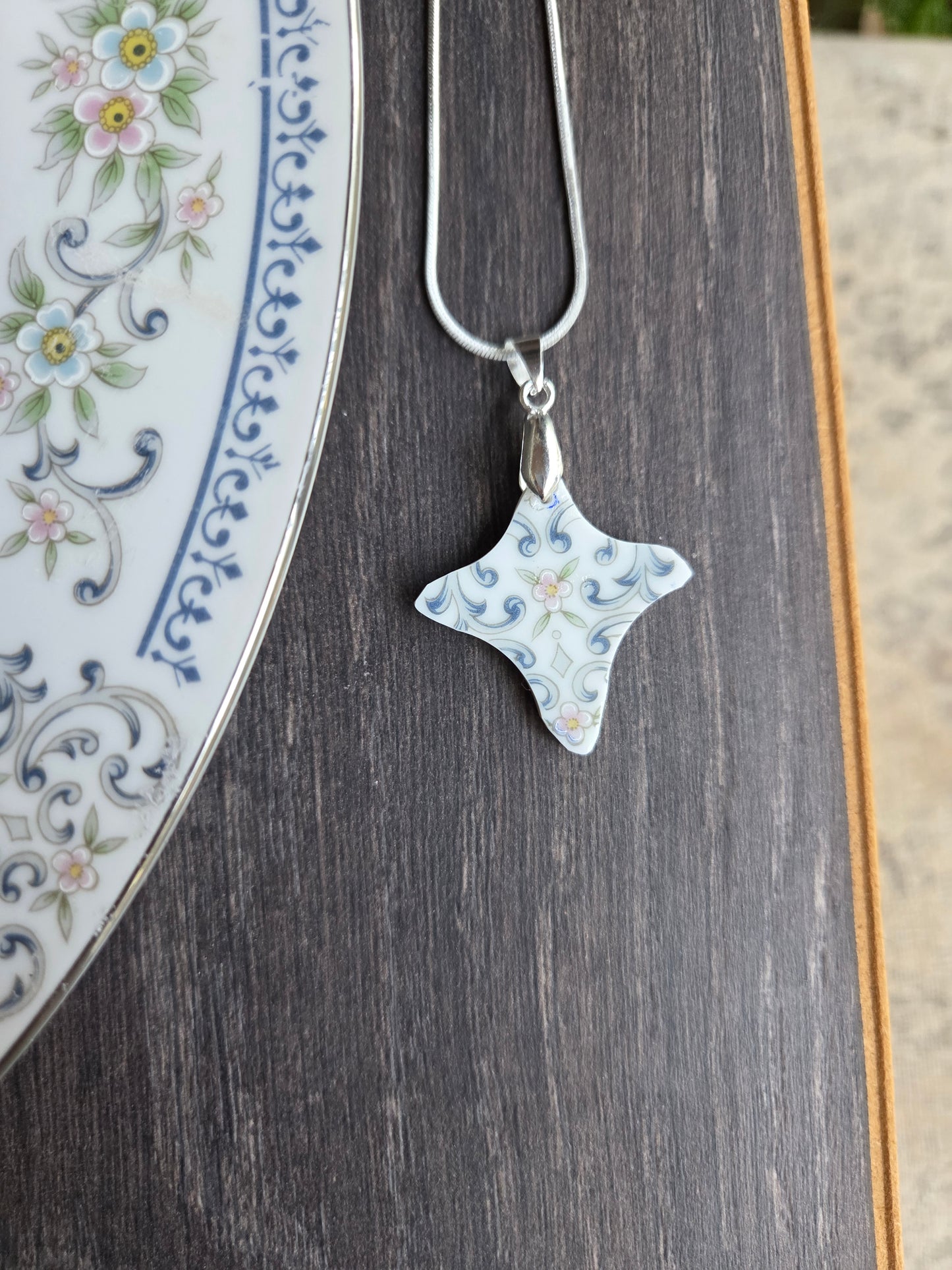 11" Silver Blue flowers broken china Cross necklace