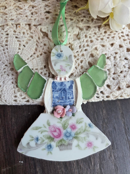 Small green flower basket broken china mosaic angel