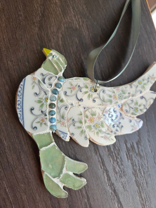 Green and Blue Broken China Mosaic Dove