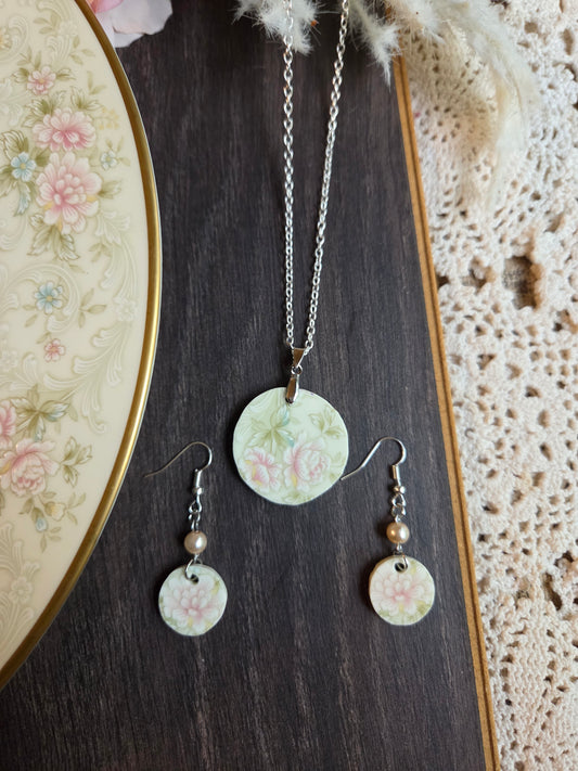 11" Silver chain Broken china plate round pink flowers with matching earrings