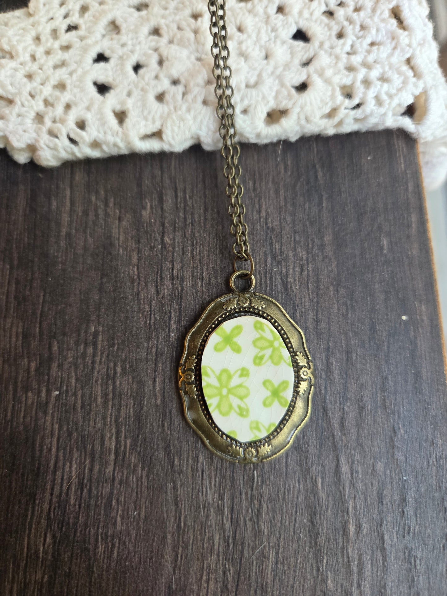 11" Antique style Green Broken china insert necklace