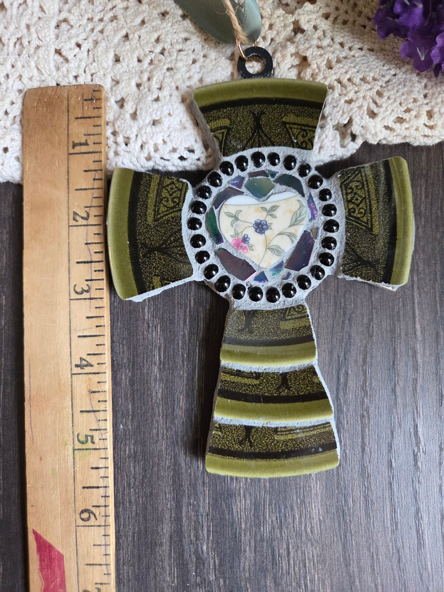 Broken china dark green mosaic cross