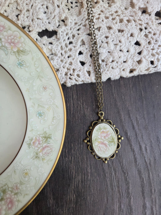 11" Antique pink flowers style pendant with broken china insert necklace