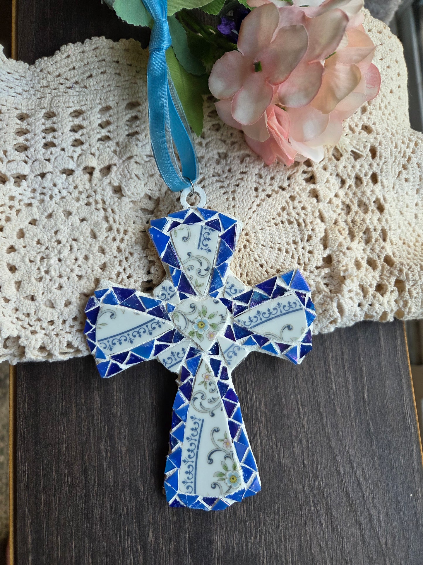 Blue broken china mosaic cross