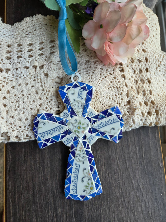 Blue broken china mosaic cross