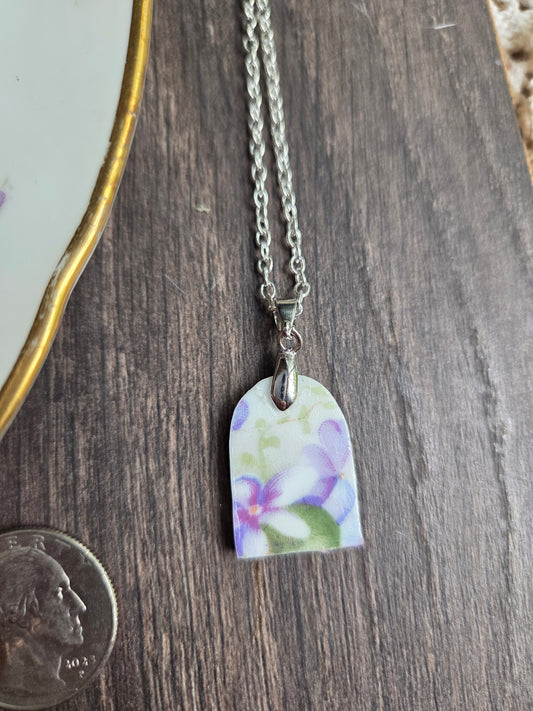 11" Silver Broken china plate Oval half Violet necklace