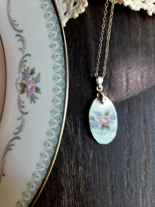 11" Oval pink rose broken china necklace