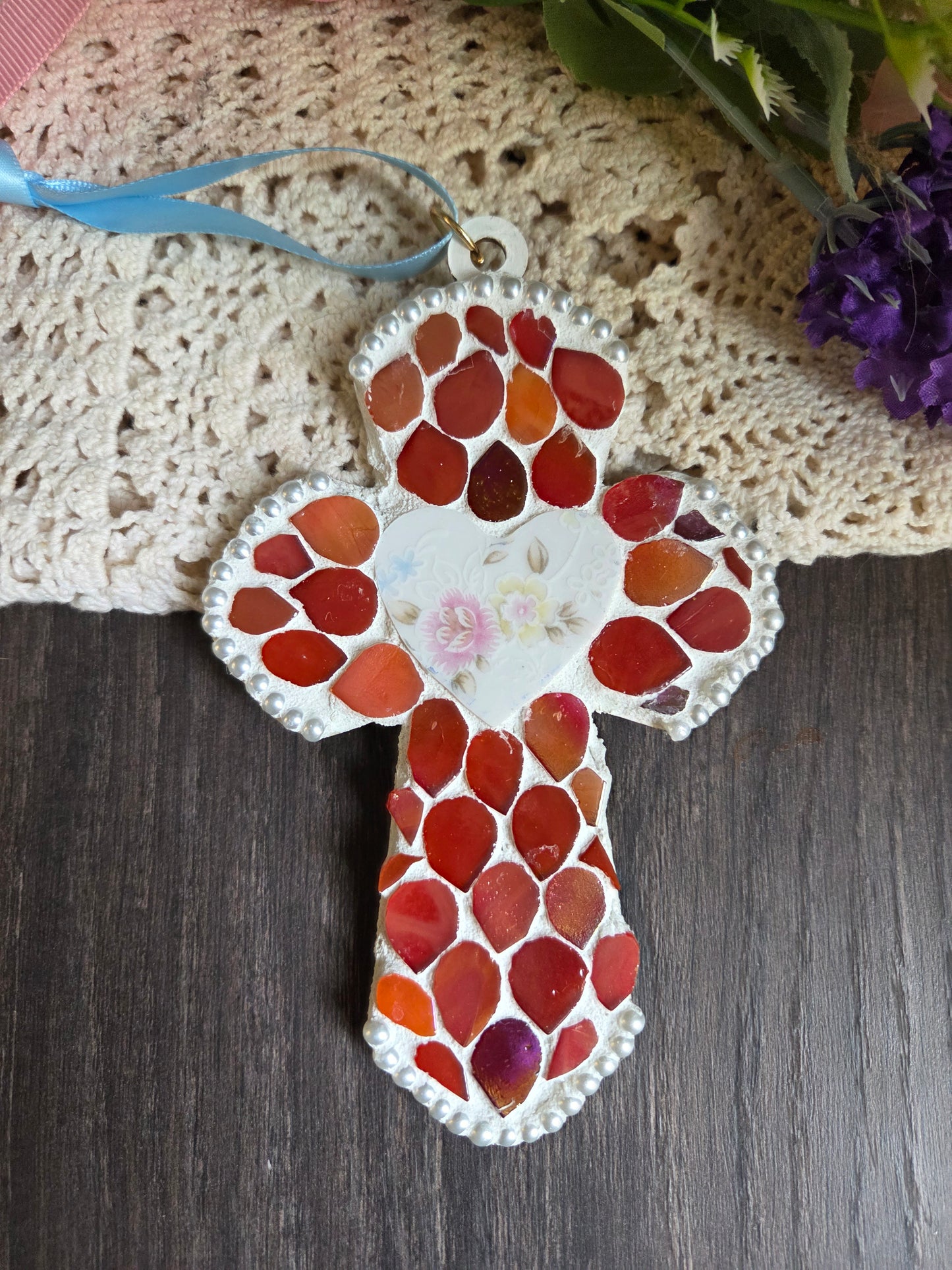 Red and white Broken china cross