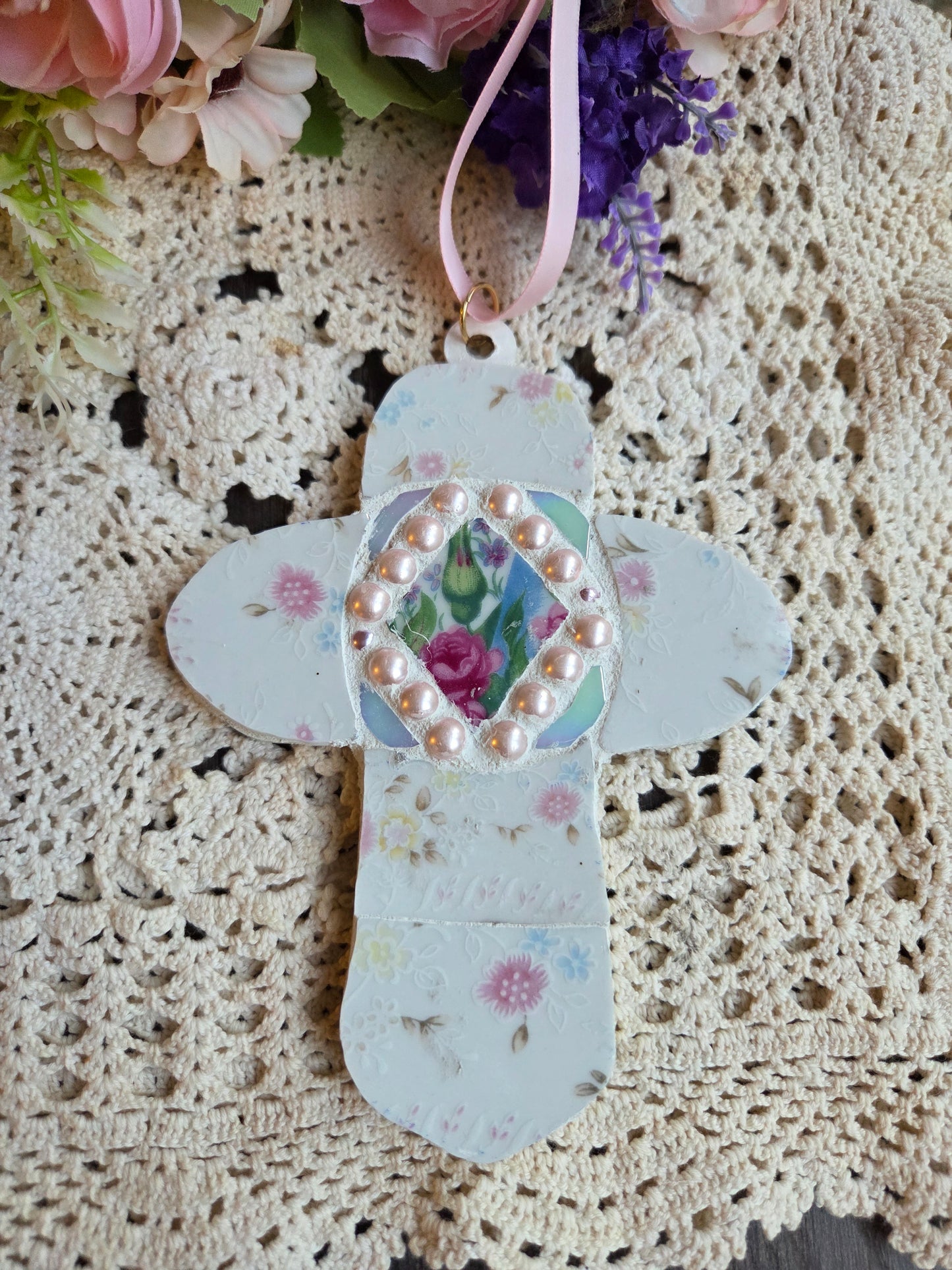 Broken china tulip cross