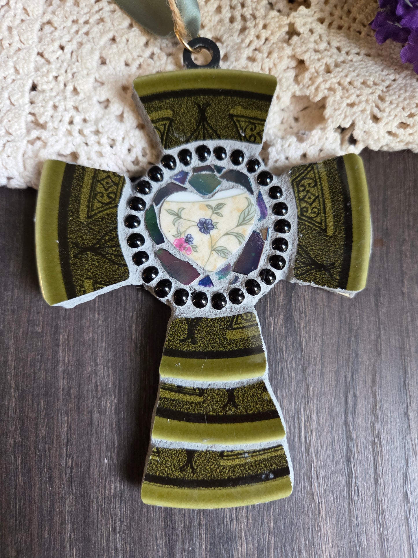 Broken china dark green mosaic cross