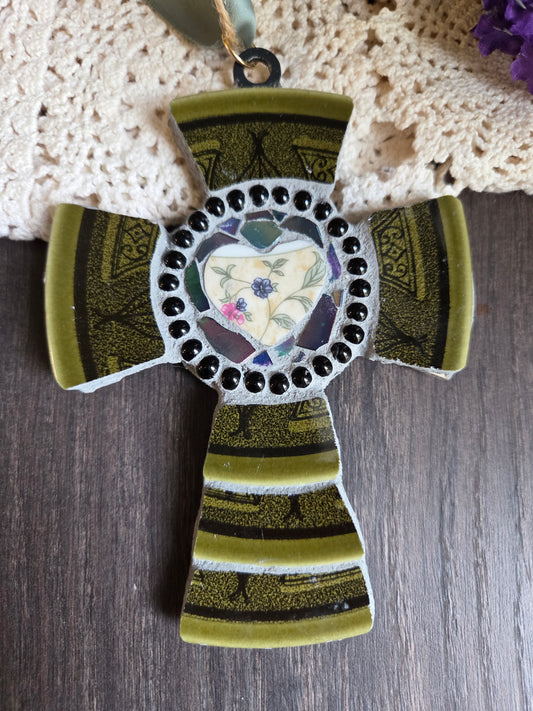 Broken china dark green mosaic cross