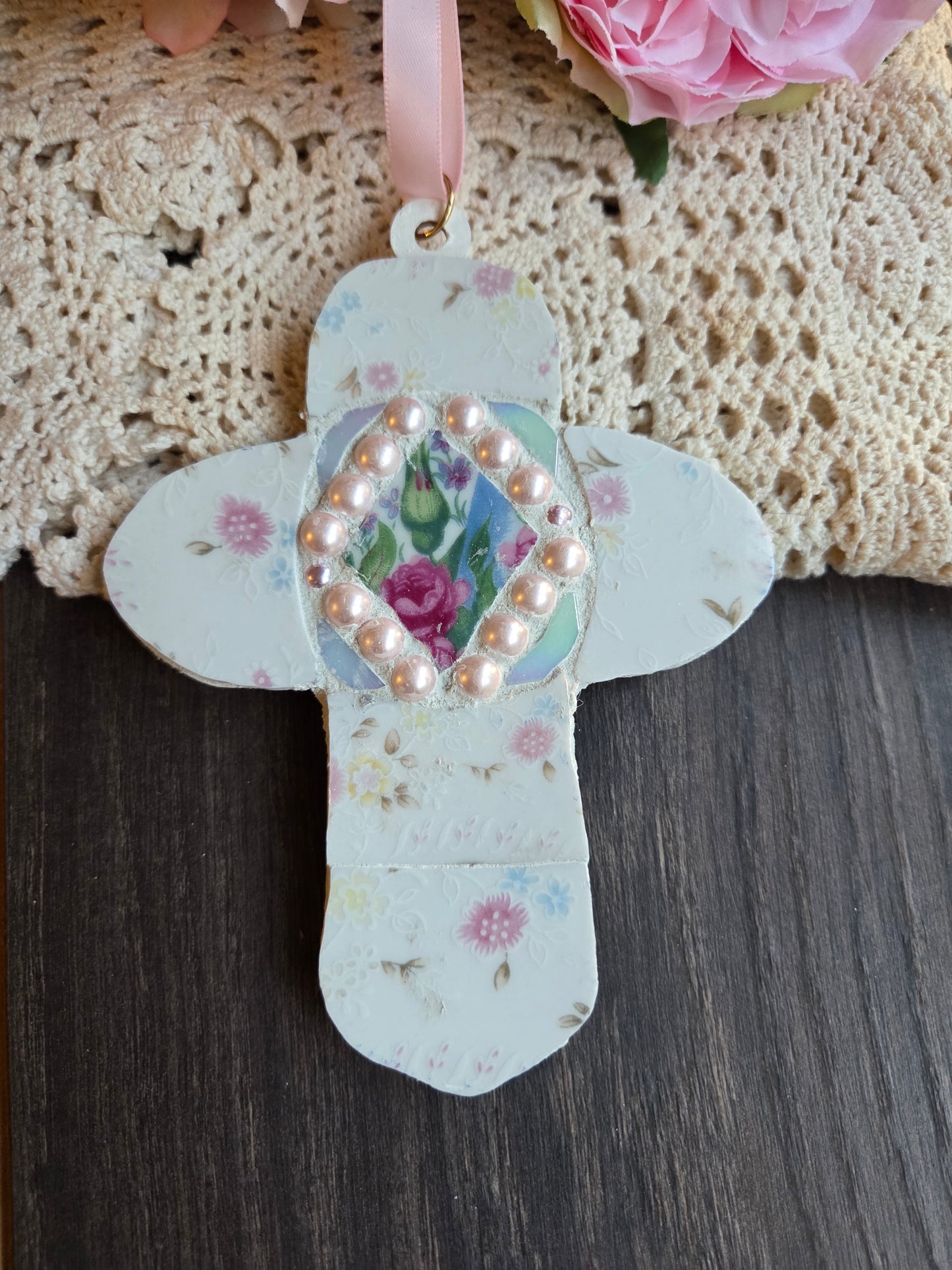 Pink and rose broken china cross