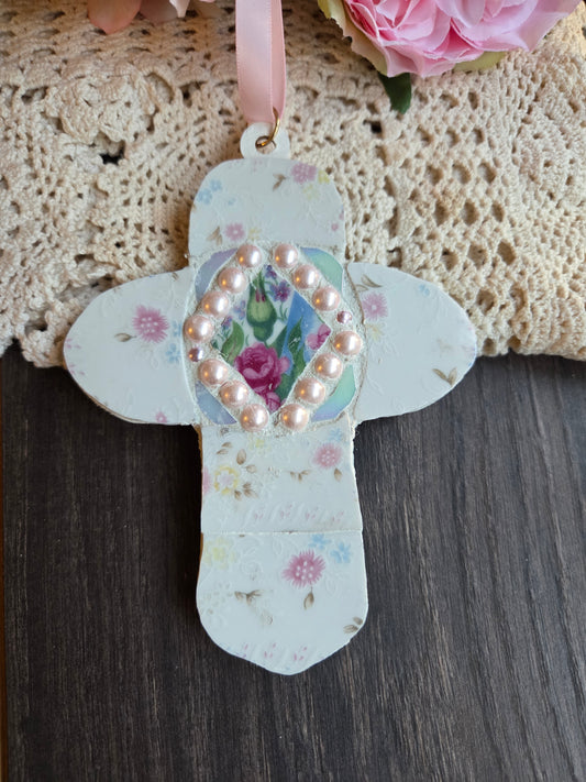 Pink and rose broken china cross