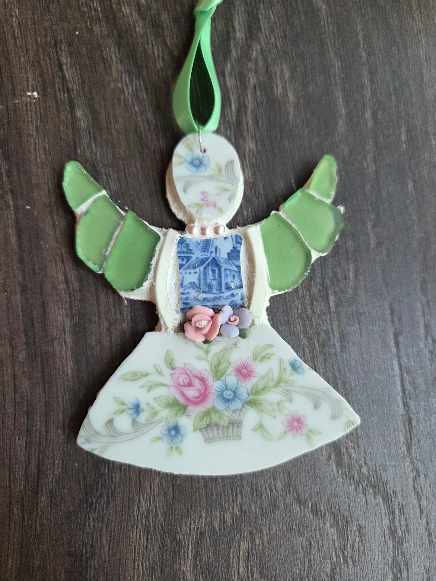 Small green flower basket broken china mosaic angel