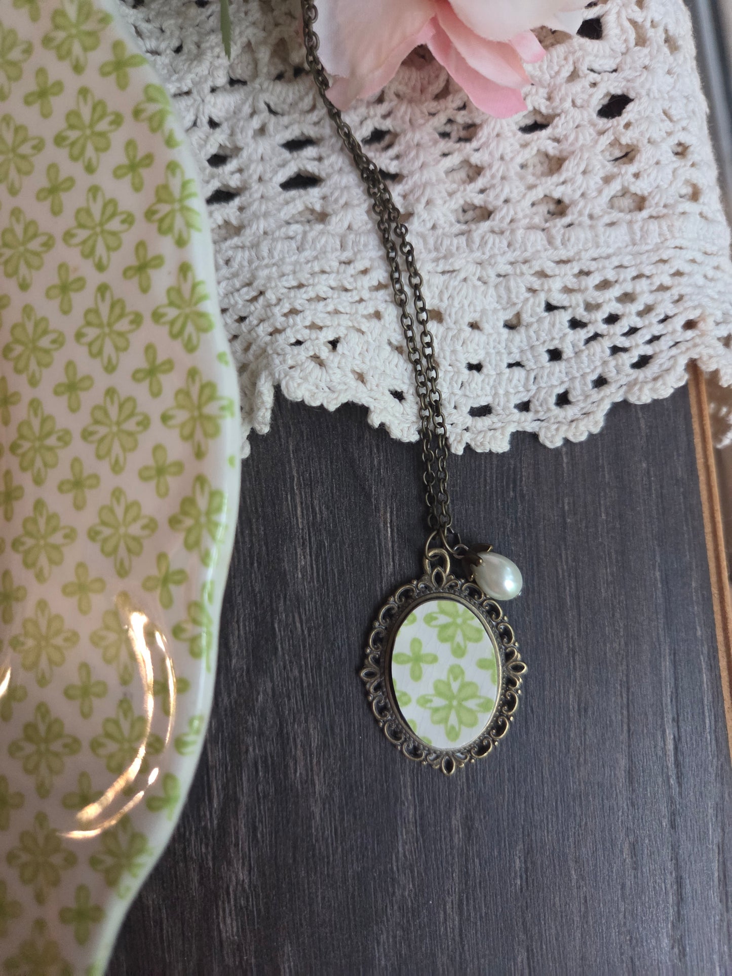 11" Antique style green broken china pendant necklace with a little pearl