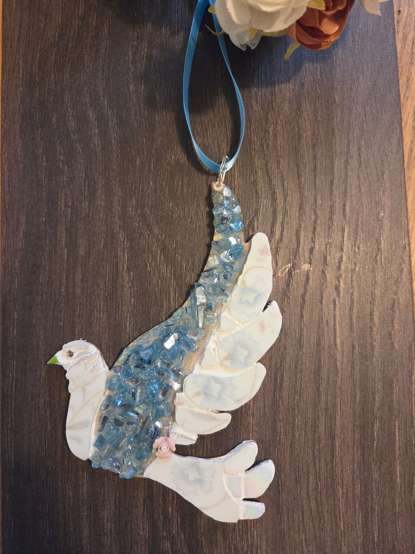Blue broken china dove with resin
