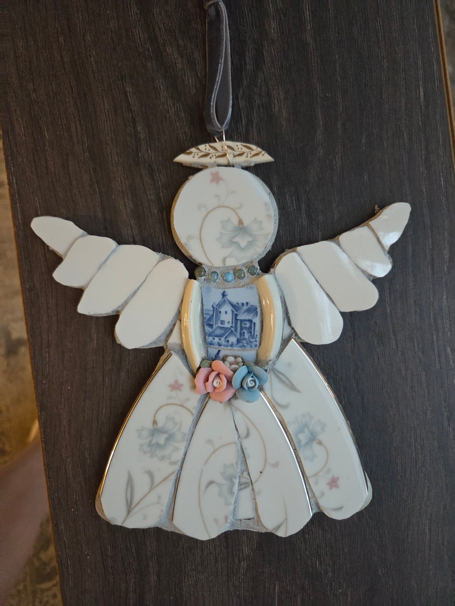 White and Blue flower Broken china mosaic Angel