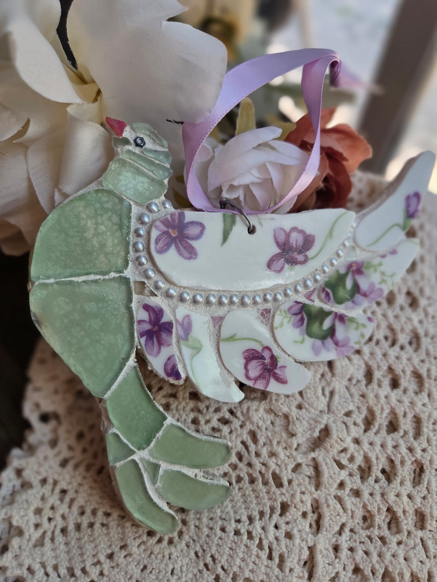 Lavender and Green Broken China Mosaic Dove