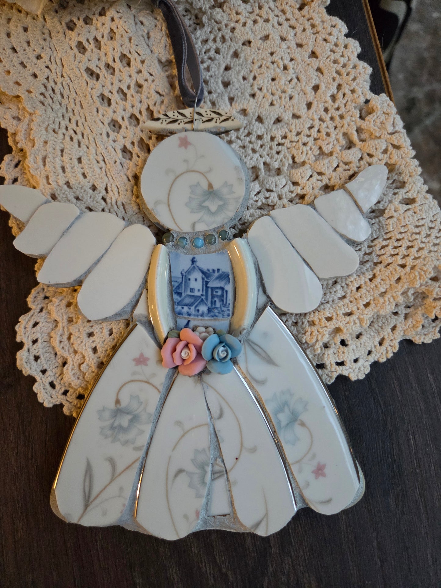 White and Blue flower Broken china mosaic Angel