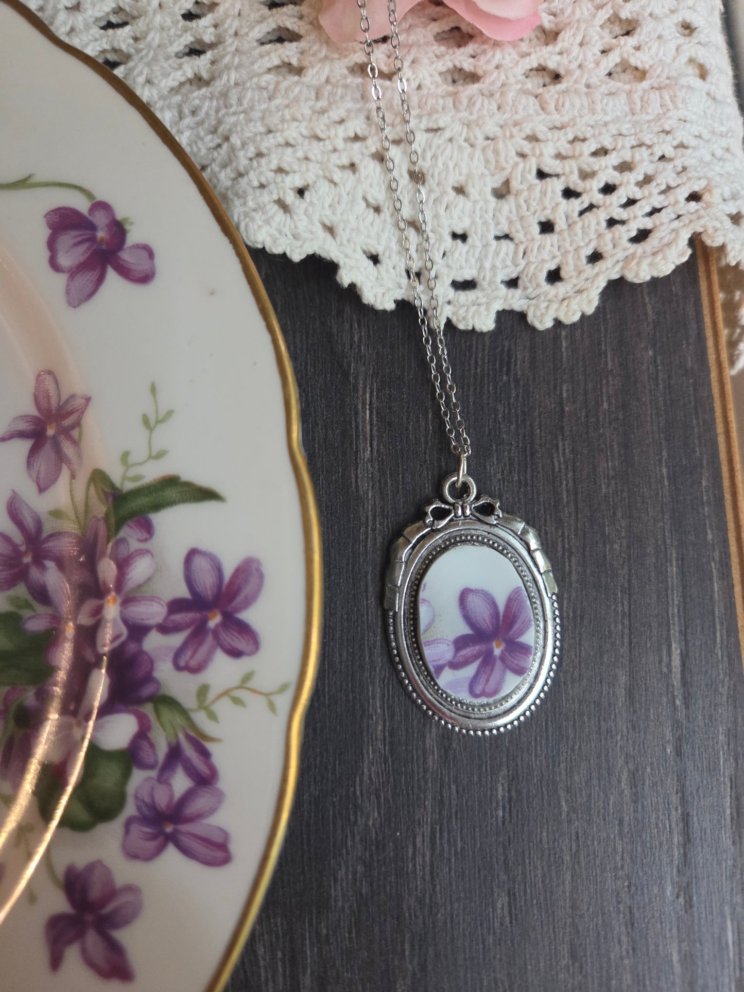 11" Antique style sliver purple violets broken china pendant necklace