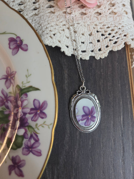 11" Antique style sliver purple violets broken china pendant necklace