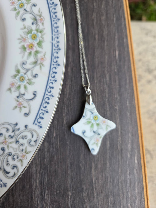 9" Silver Blue flowers Broken china cross necklace
