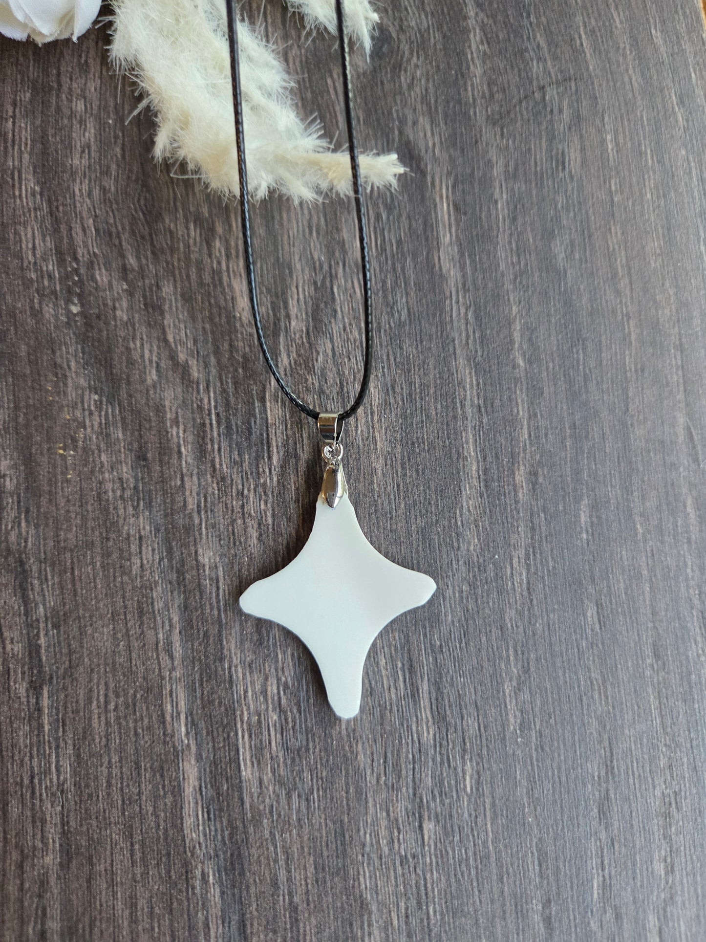 11" White Broken china rounded cross necklace on leather cord