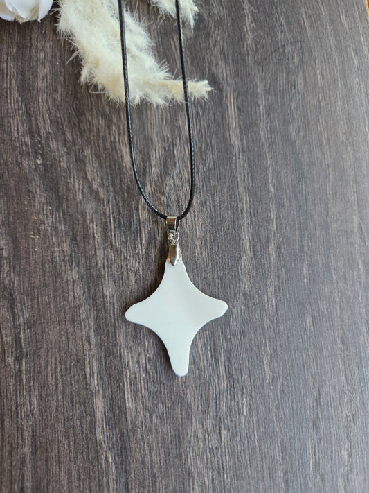 11" White Broken china rounded cross necklace on leather cord