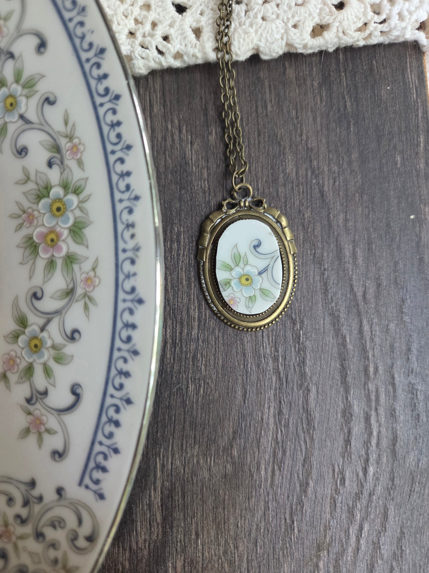 11" Antique style Blue flowers pendant with broken china insert necklace