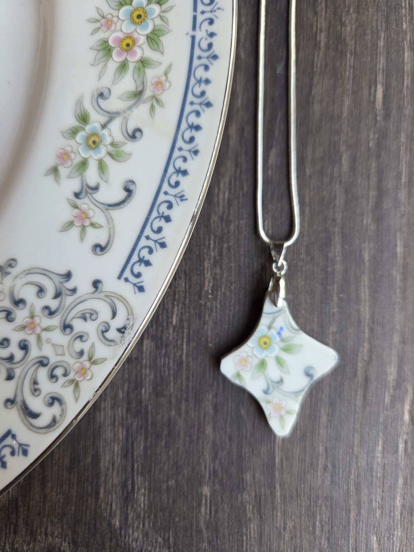 11" Silver Blue flowers broken china cross necklace