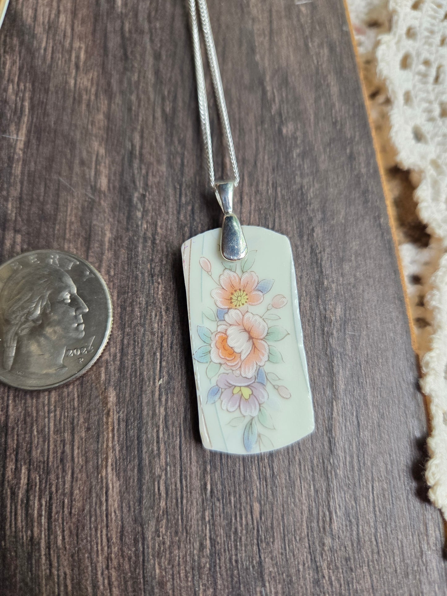 11" Stainless steel silver chain Broken china plate rectangle blue and pink flowers with round corners necklace