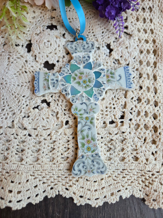 Blue scalloped edge broken china cross