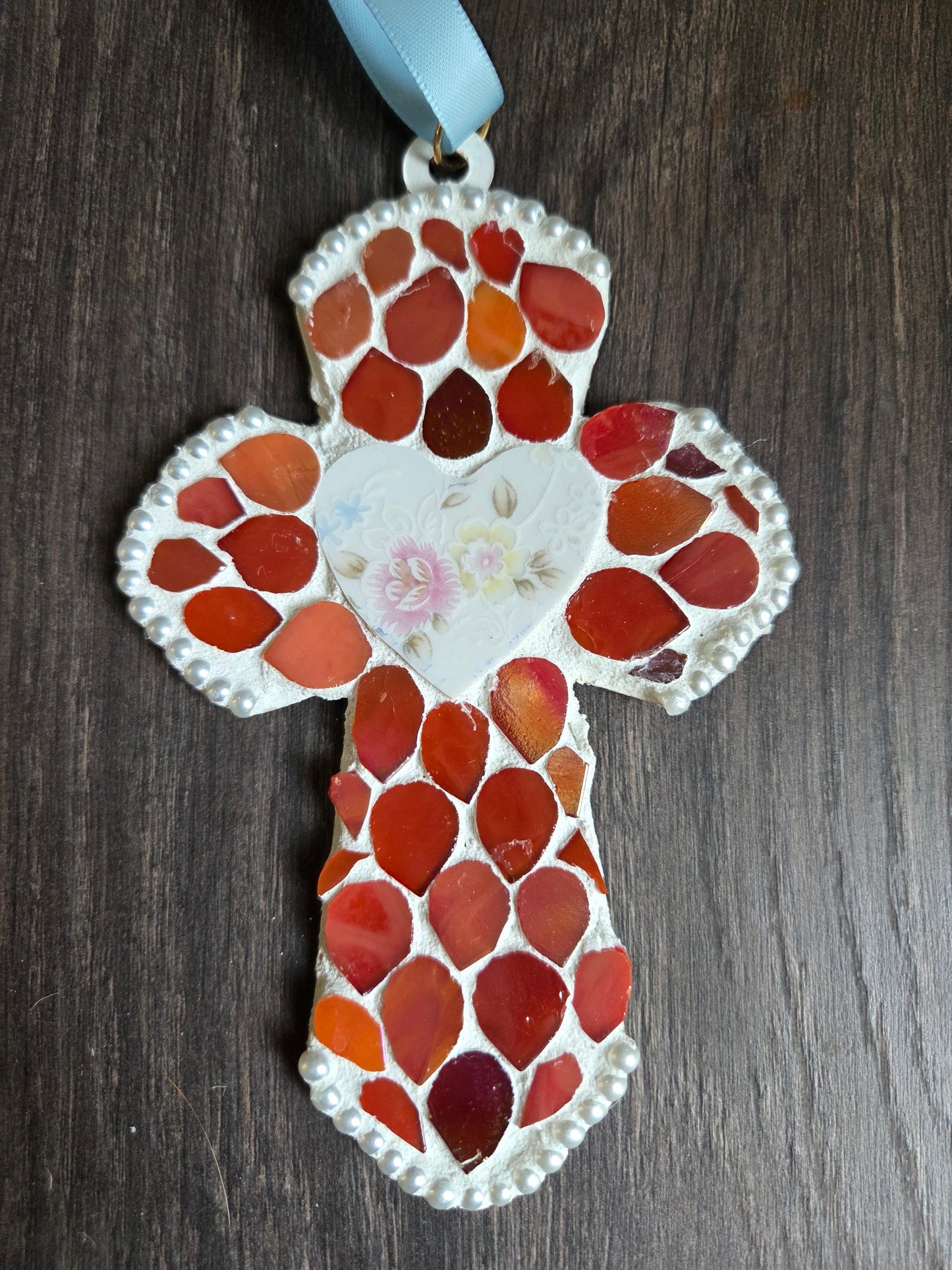 Red and white Broken china cross