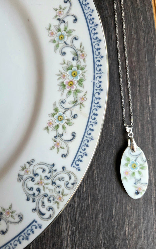 9" Oval Blue Broken china Flower necklace