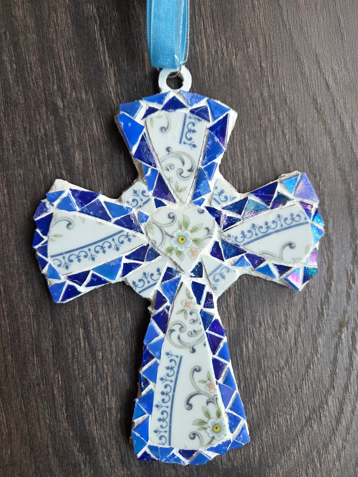 Blue broken china mosaic cross
